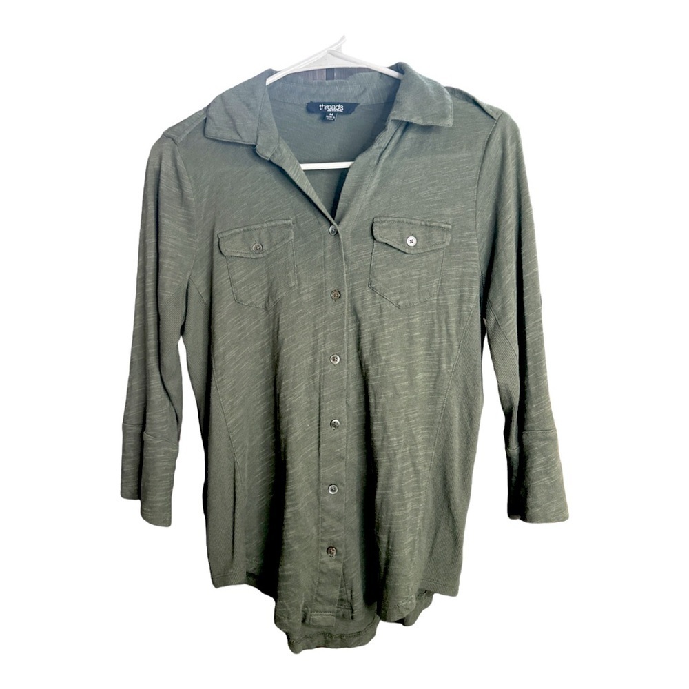 Threads by Saks Fifth Avenue Green Button Down Shirt Medium with Pockets